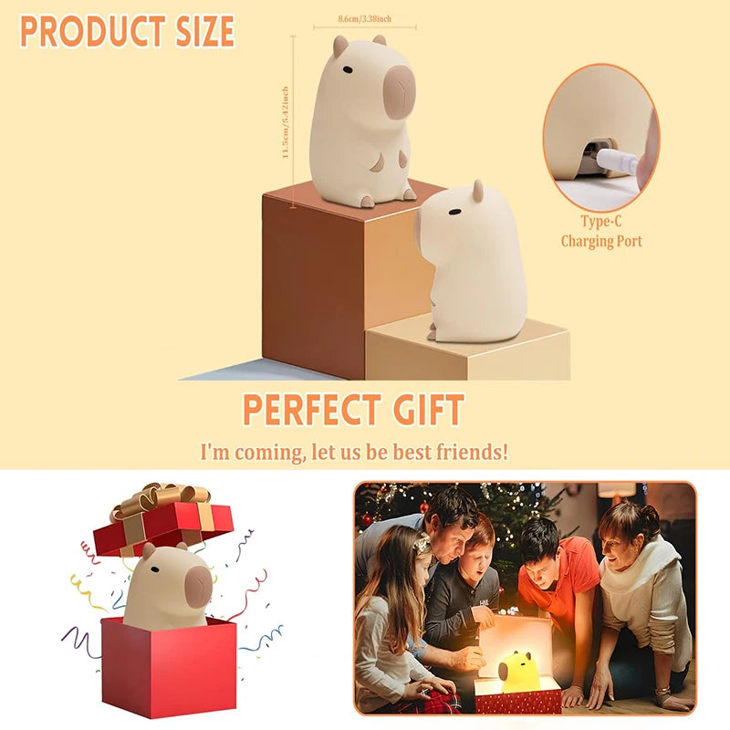 Capybara Night Light – Cute Soft Silicone LED Lamp (Rechargeable)